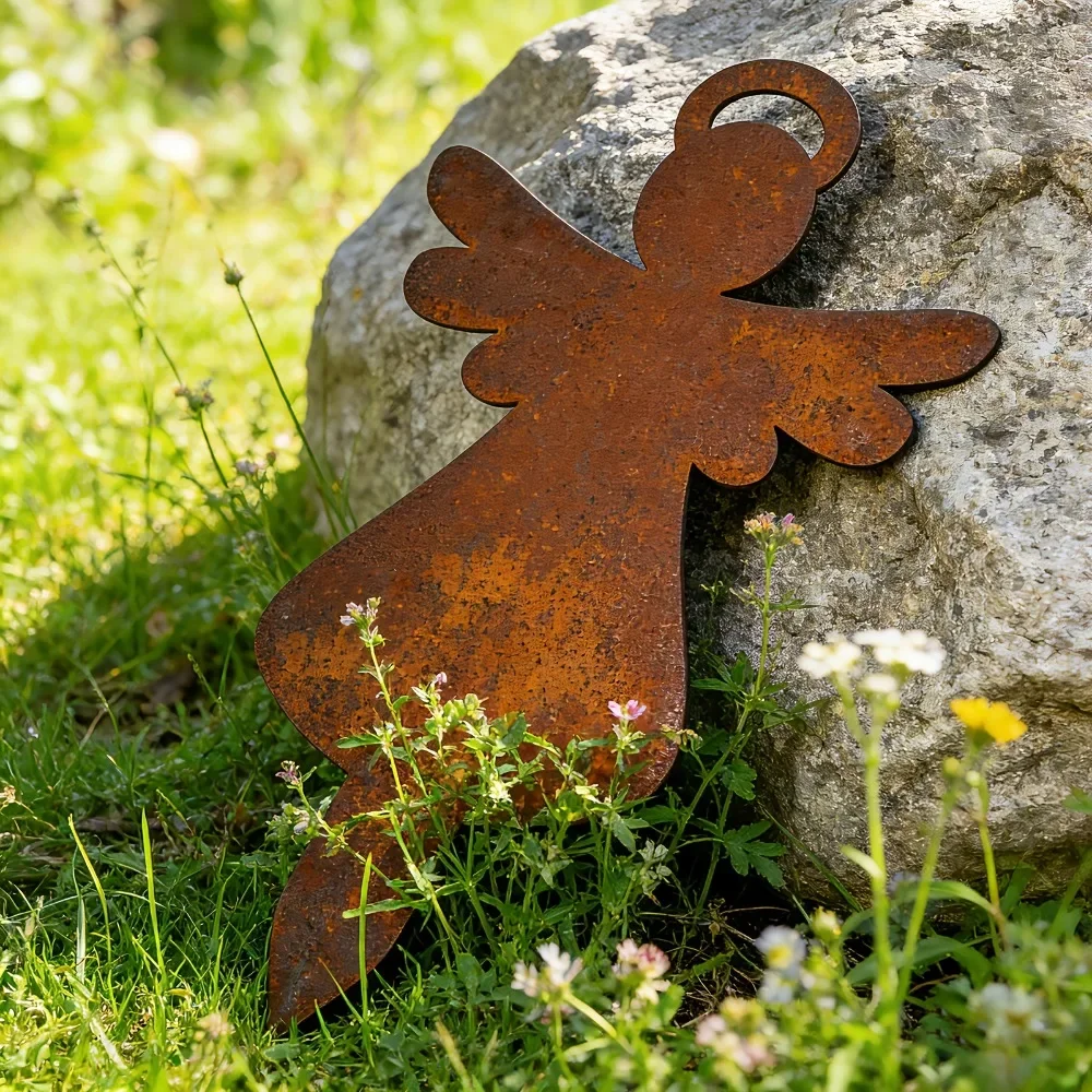 Vintage Rust Metal Angel Grave Marker 2D Flat Serene Memorial Stake Outdoor Cemetery Garden Lawn Religious Burial Site Ornament