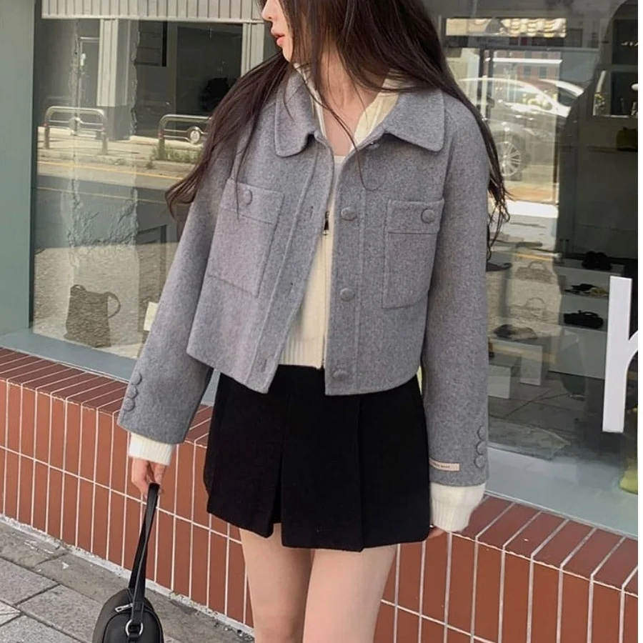 

Женское шикарное шерстяное пальто в Корейском стиле, зимнее пальто с отложным воротником и одной пуговицей, простой дизайн, прямая трубка pe