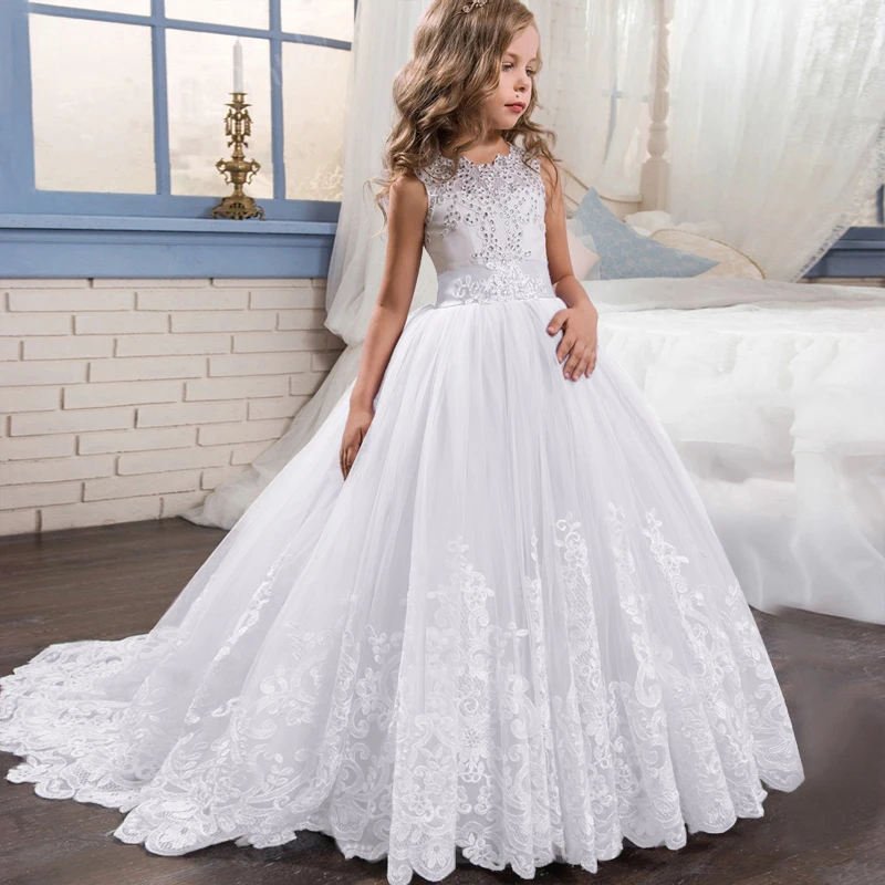 White Lace Kids Wedding Dress 3-14Y