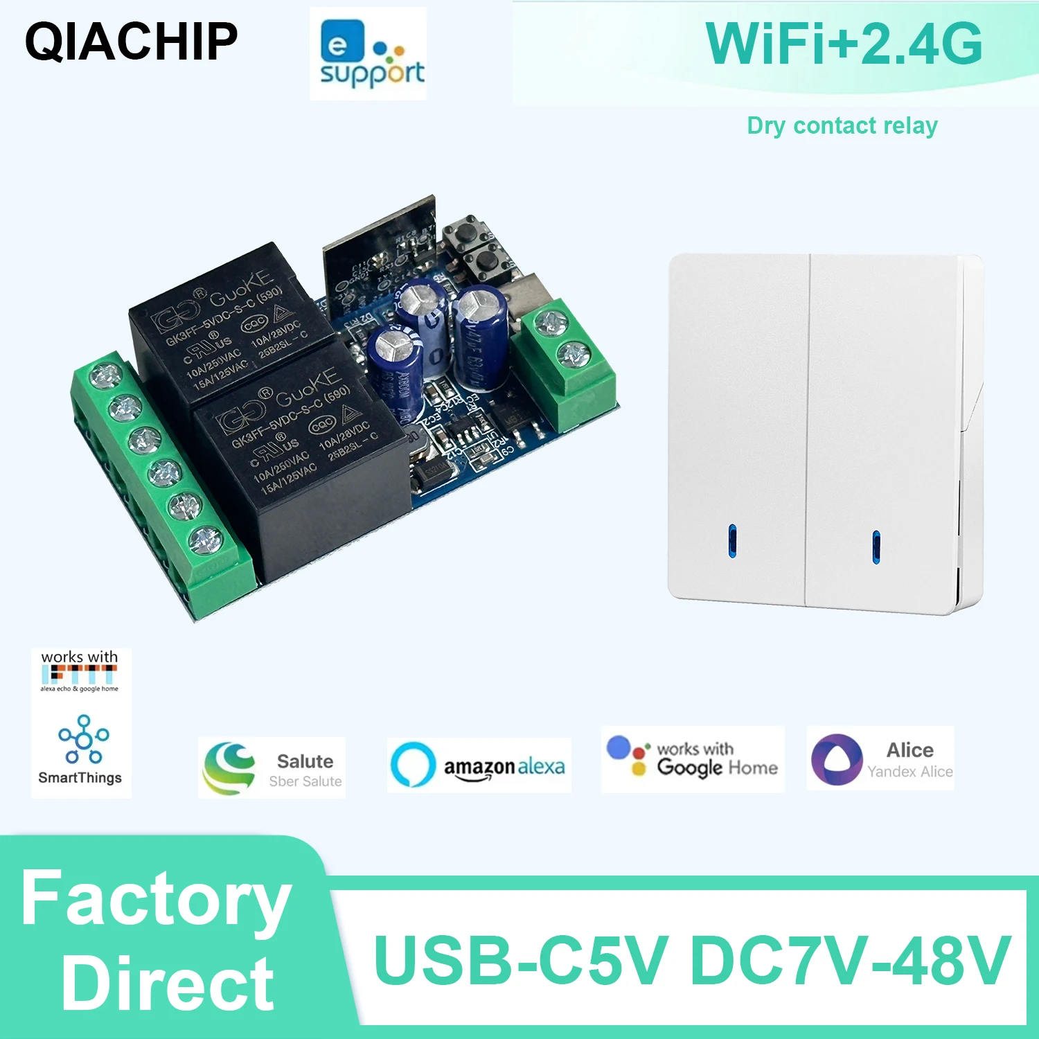 

EweLink Wi-Fi Smart Switch 2CH Беспроводное реле дистанционного управления DC 5V 12V 24V 48V 10A Голосовое управление синхронизацией для Alexa Googole Home