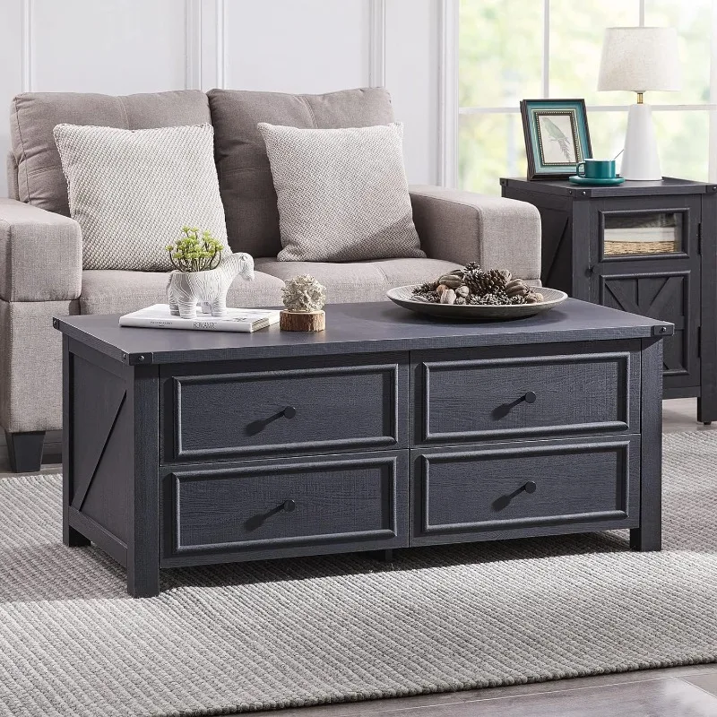 

48” Farmhouse Coffee Table with 4 Large Storage Drawers, Modern Center Tables with Barn Door for Living Room, Office