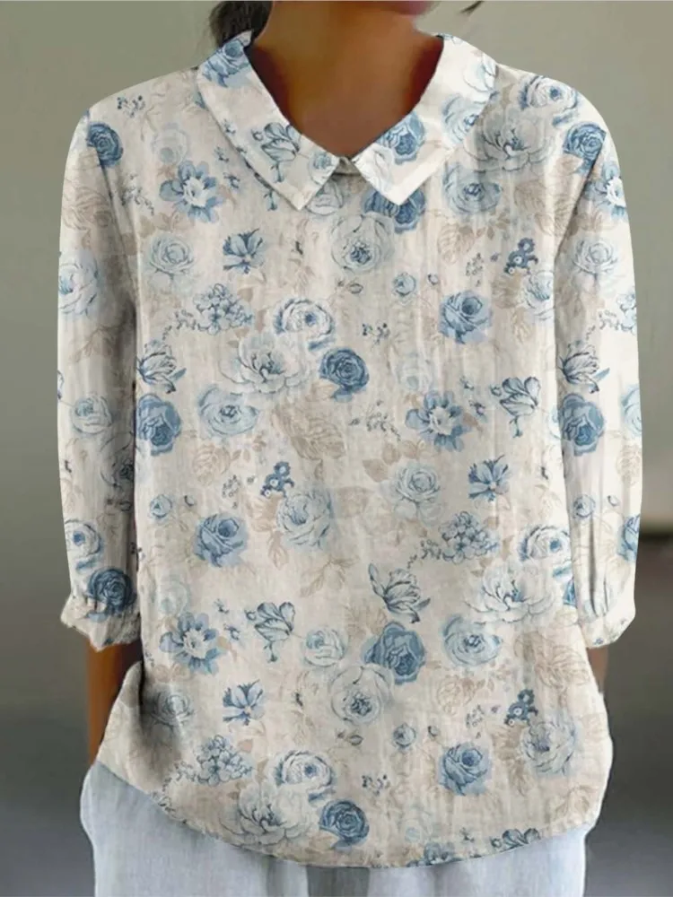 2024 Spring Autumn New Women's Shirt Doll Neck Creative Retro Chinese Style Fashion Floral Print Long Sleeve Shirt