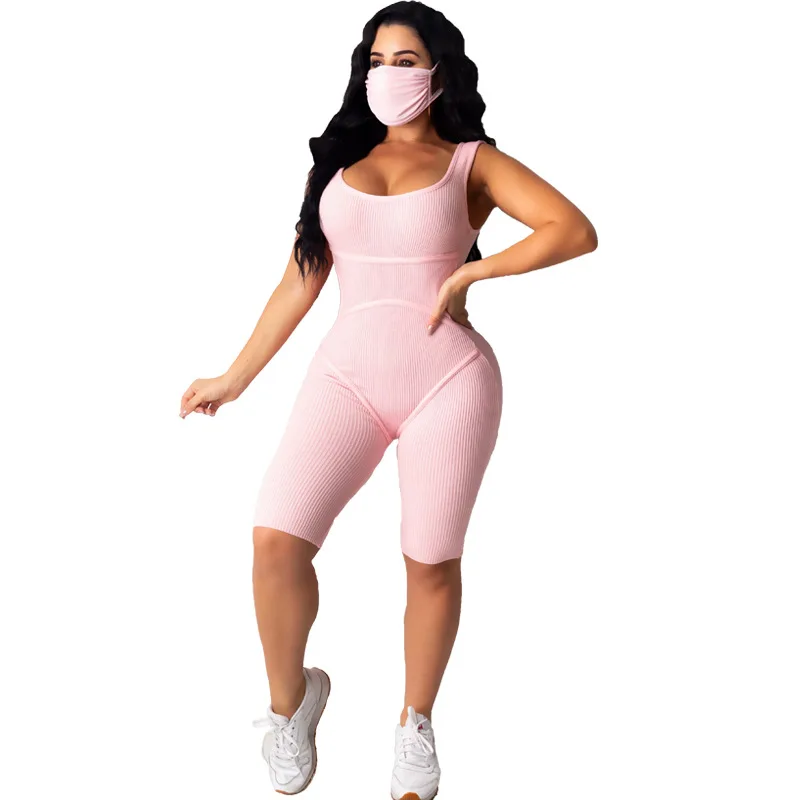 

Elastic thin pit stripe broadband vest splicing pull-up jumpsuit with a two-piece mask set