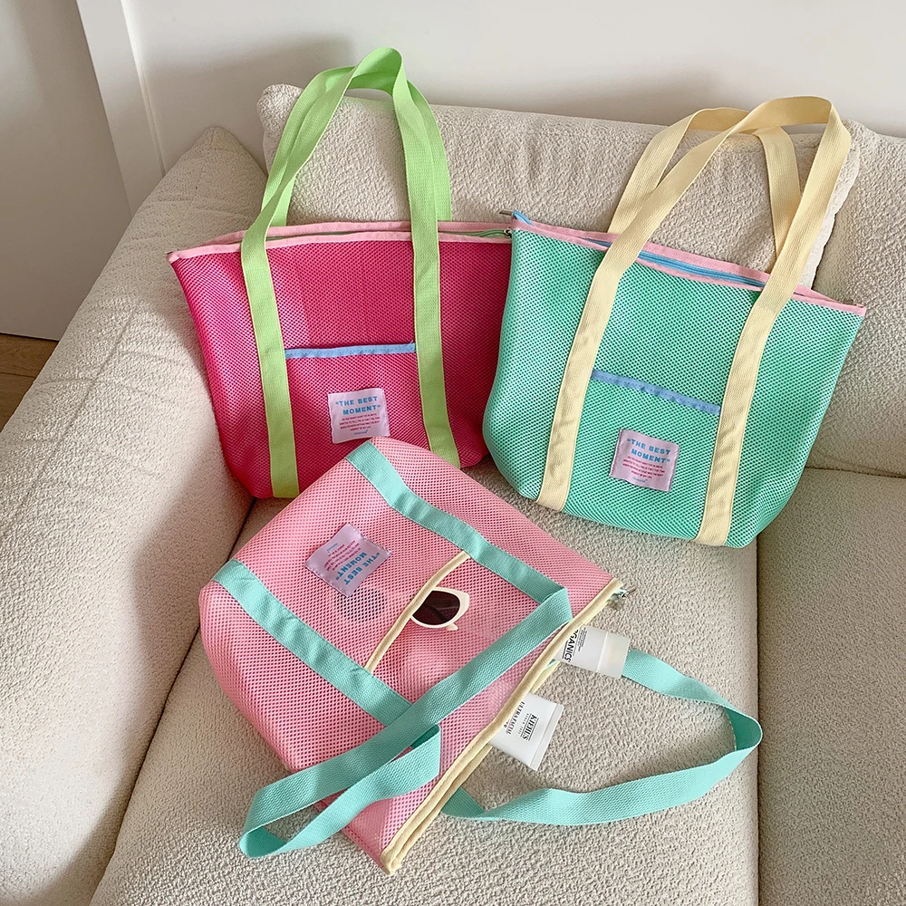 

Summer Mesh Handbag for Girls with Zipper Foldable Shoulder Bag for Students Travel Beach Tote Jelly Purse