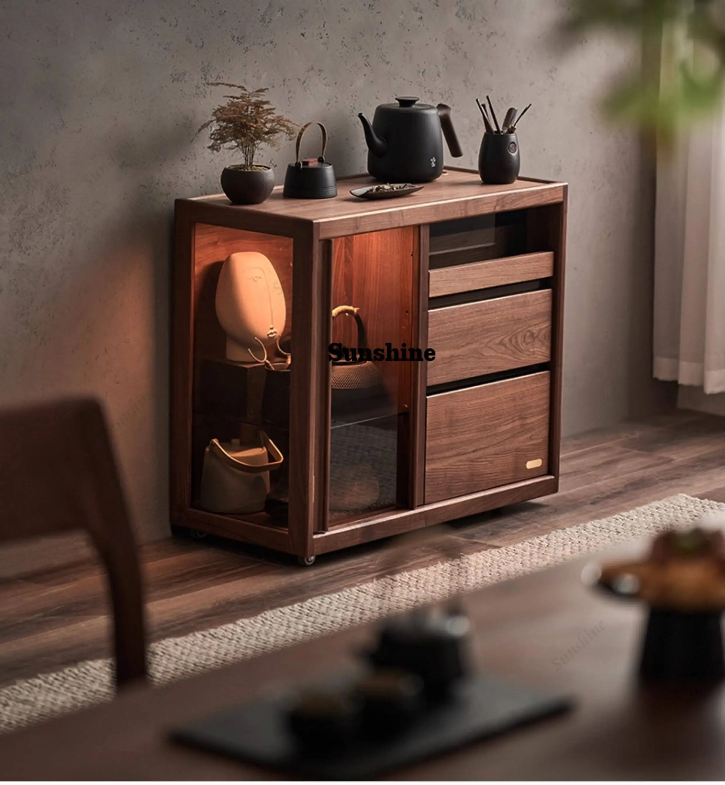 

Sofa side cabinet movable tea set storage cabinet figure display solid wood tea set cabinet