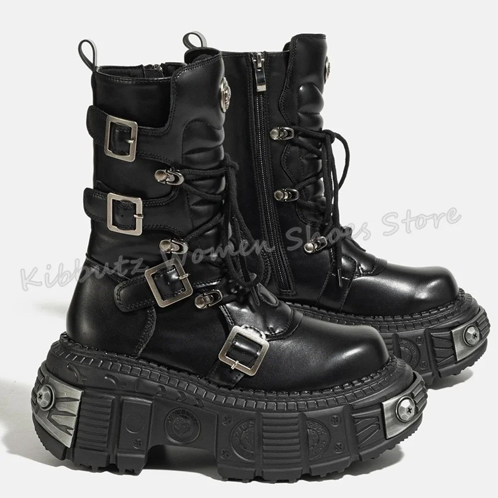 

Gothic Punk Ankle Boots Belt Buckle Round Toe Thick Bottom Lace-Up Genuine Leather Solid Color Fashion Elegant Sexy Women Shoes