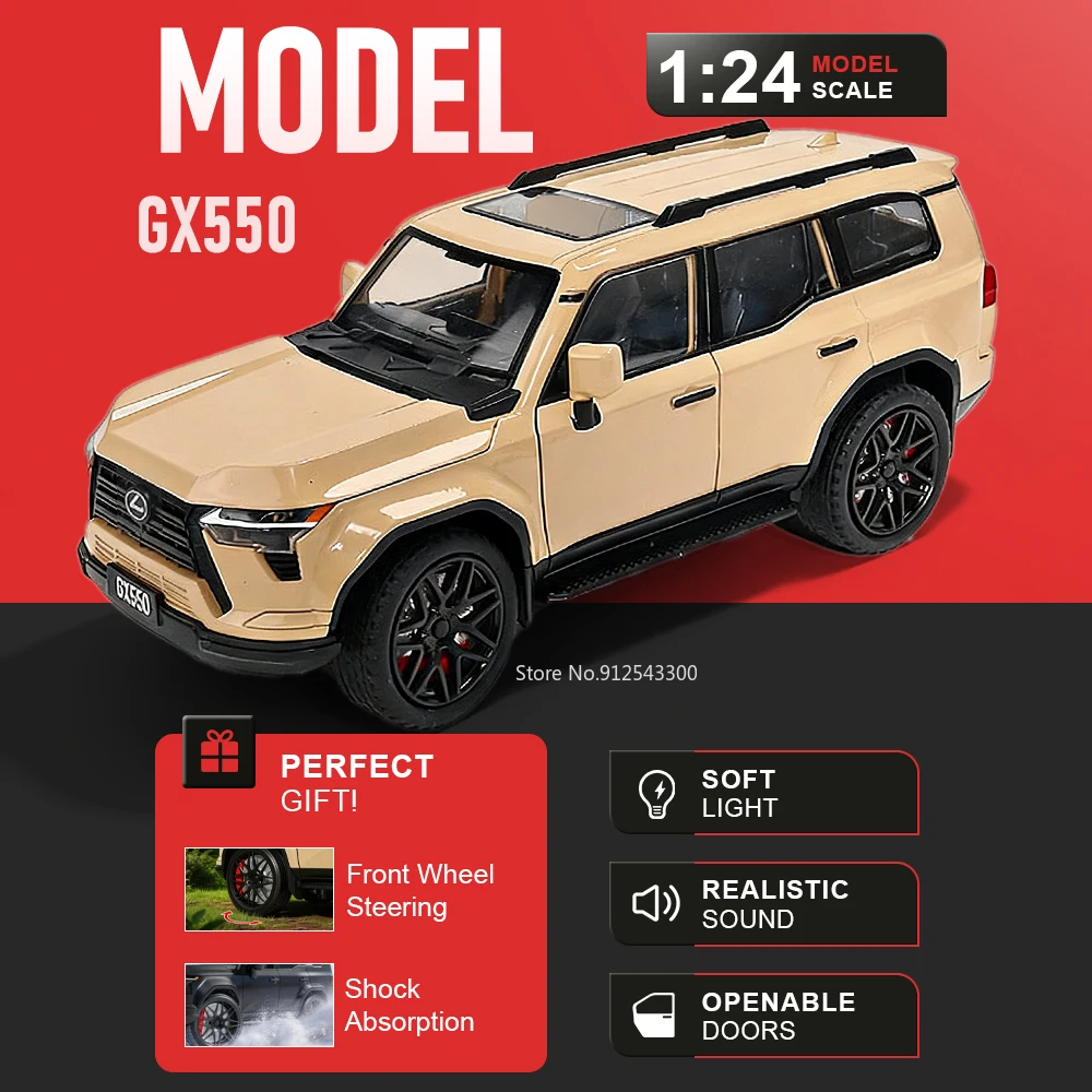 

1:24 GX550 ES300h Car Model Toy Front Wheel Steer Shock Absorption Models Sound Light Metal Diecast Cars for Boys Holiday Gifts