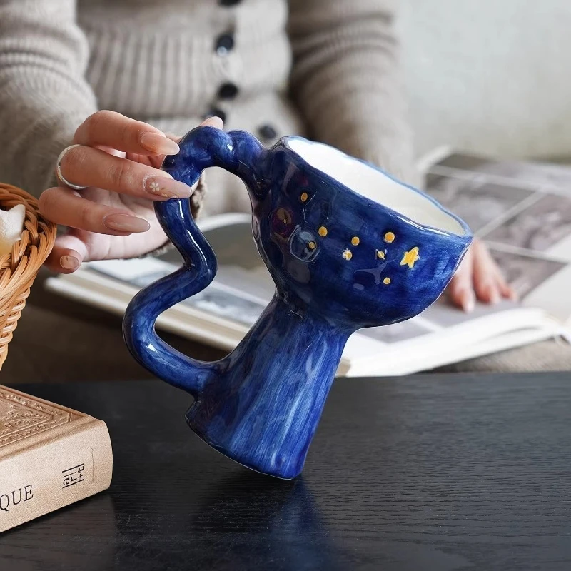 Ceramic High Footed Cup Home Breakfast Milk Cup Office Exquisite Coffee Cup Handmade Starry Sky Goblet Mug Unique Gift for Her