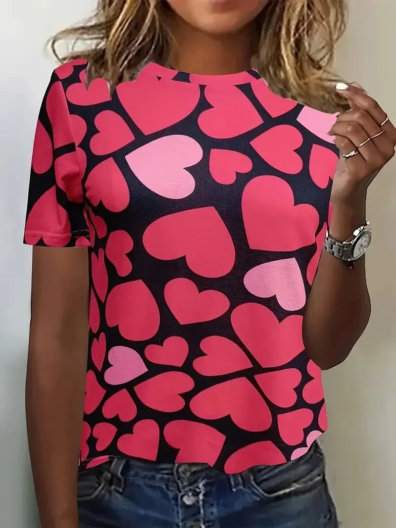 Casual manga curta leopardo amor tshirts topo feminino senhoras dia dos namorados crianças t camisa coração impressão tripulação pescoço camiseta para mulher