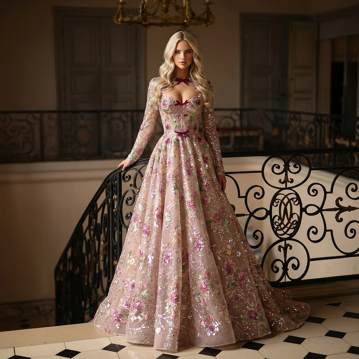 

Luxury Embroidery Lace Evening Gown For Women Handing Beaded Pageant Dress Crystal Sweetheart Prom Dresses Long Sleeve