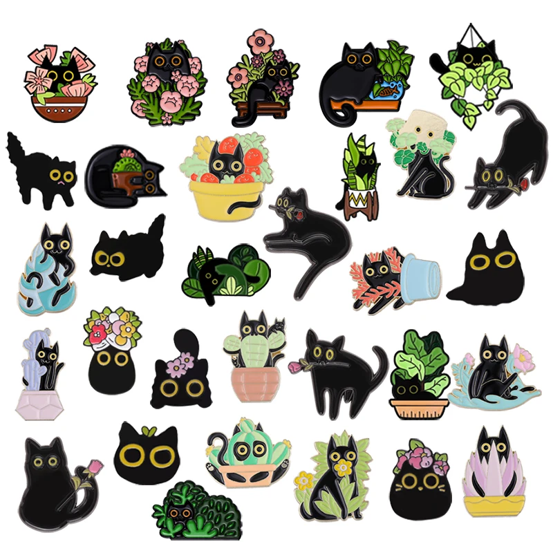 Cute Cat Potted Plant Enamel Pin Roes Green Black Punk Kitten Brooch Cactus Flower Jewelry Metal Lapel Backpack Wholesale Gift