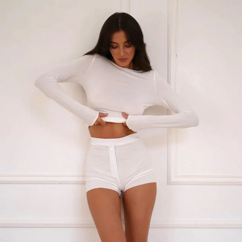

Белый домашний повседневный комплект из 2 предметов, женские модные футболки с круглым вырезом и длинными рукавами, топы + шорты с высокой талией на пуговицах, осенние костюмы 2025 г.