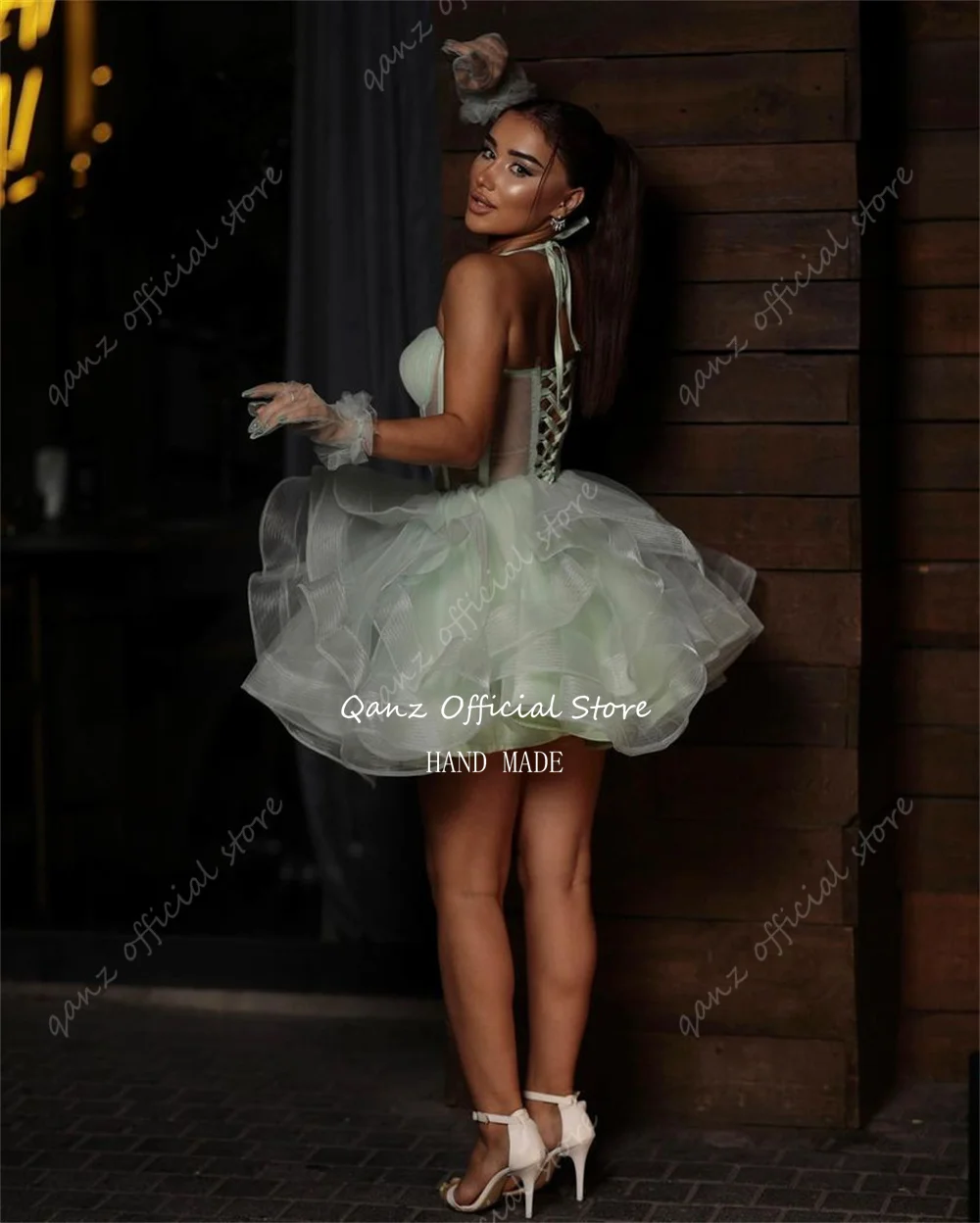 Qanz Abiti da compleanno verde salvia Donna Tulle Senza spalline Abiti da ballo per ragazze Abito corto Abiti da notte per feste Personalizzati