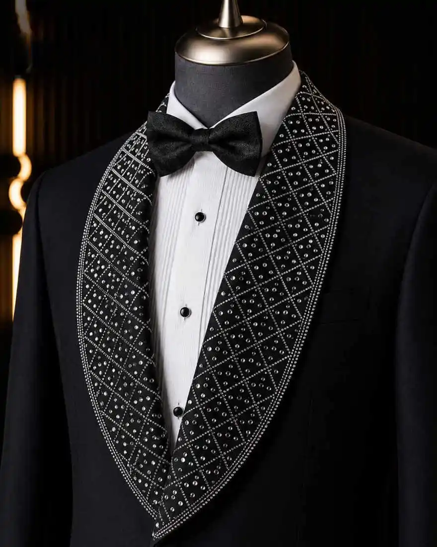 Elegant Suit For Man Crystal Shawl Collar Tuxedo Handmade Prom Blazer Wedding Groom Tuxedo 2 pcs Men's Suits and separates