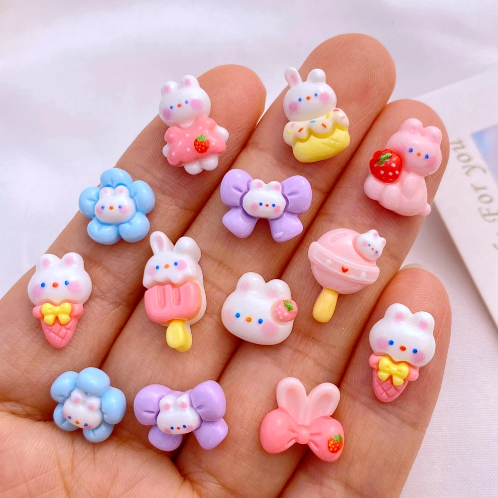 20 pieces/batch cute cartoon ice cream rabbit nail art decoration resin bow series nail accessories DIY 3D charm