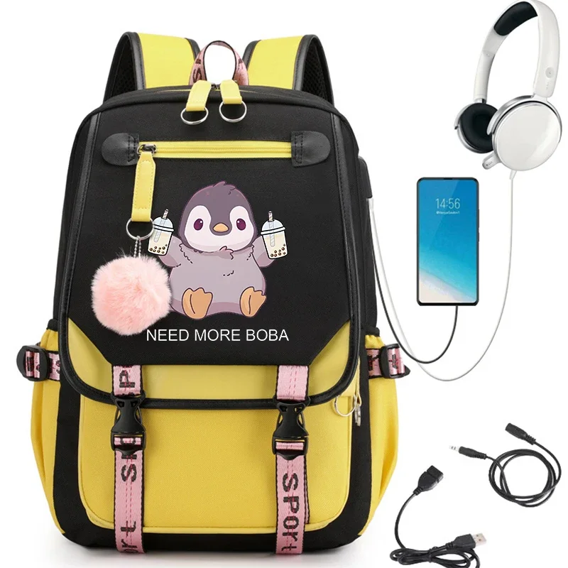Zaino per ragazze Boba Pinguino Bubble Tea Anime Borse da scuola carine per studenti Adolescenti Tasche per ragazze Zaino per laptop da donna Borsa Harajuku