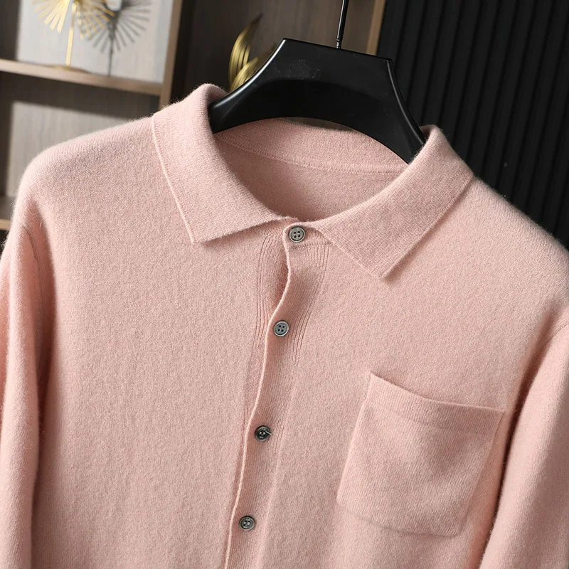 100% Pure Goat Cashmere Cardigan Men's POLO Collar Knitted Shirt Autumn Winter Tops Casual Business Base Shirt Soft Comfortable