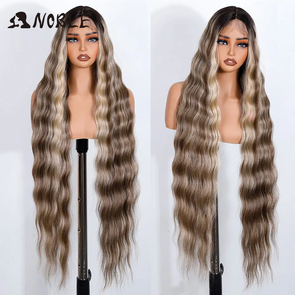Edle synthetische Spitze-Front-Perücke, 91,4 cm lang, gewellt, Spitzenteil, Körper, gewellte Spitze-Perücke für Frauen, Spitze-Front-Perücke, Ombre-Blond, Cosplay-Perücke – Detail 12