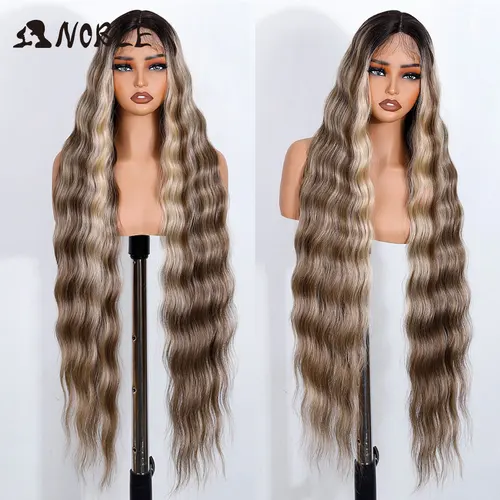 Imagen 2 del producto Peluca con malla frontal sintética Noble de 36 "", peluca dorada ondulada larga con parte de encaje para mujer, peluca con malla frontal, peluca de Cosplay Rubio degradado