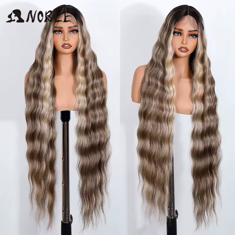 Noble Synthetic Lace Front Wig 36 " Long Wavy Lace Part Body Wavy Golden Wig For Women Lace Front Wig Ombre Blonde Cosplay Wig - Image 10