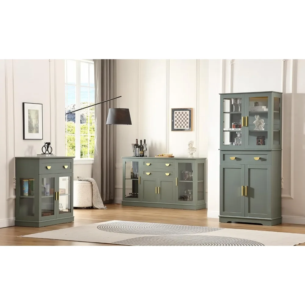 Armário buffet de 58,27 ''com 2 gavetas e prateleiras ajustáveis, armário grande de bar de café com porta de vidro, aparador moderno de fazenda