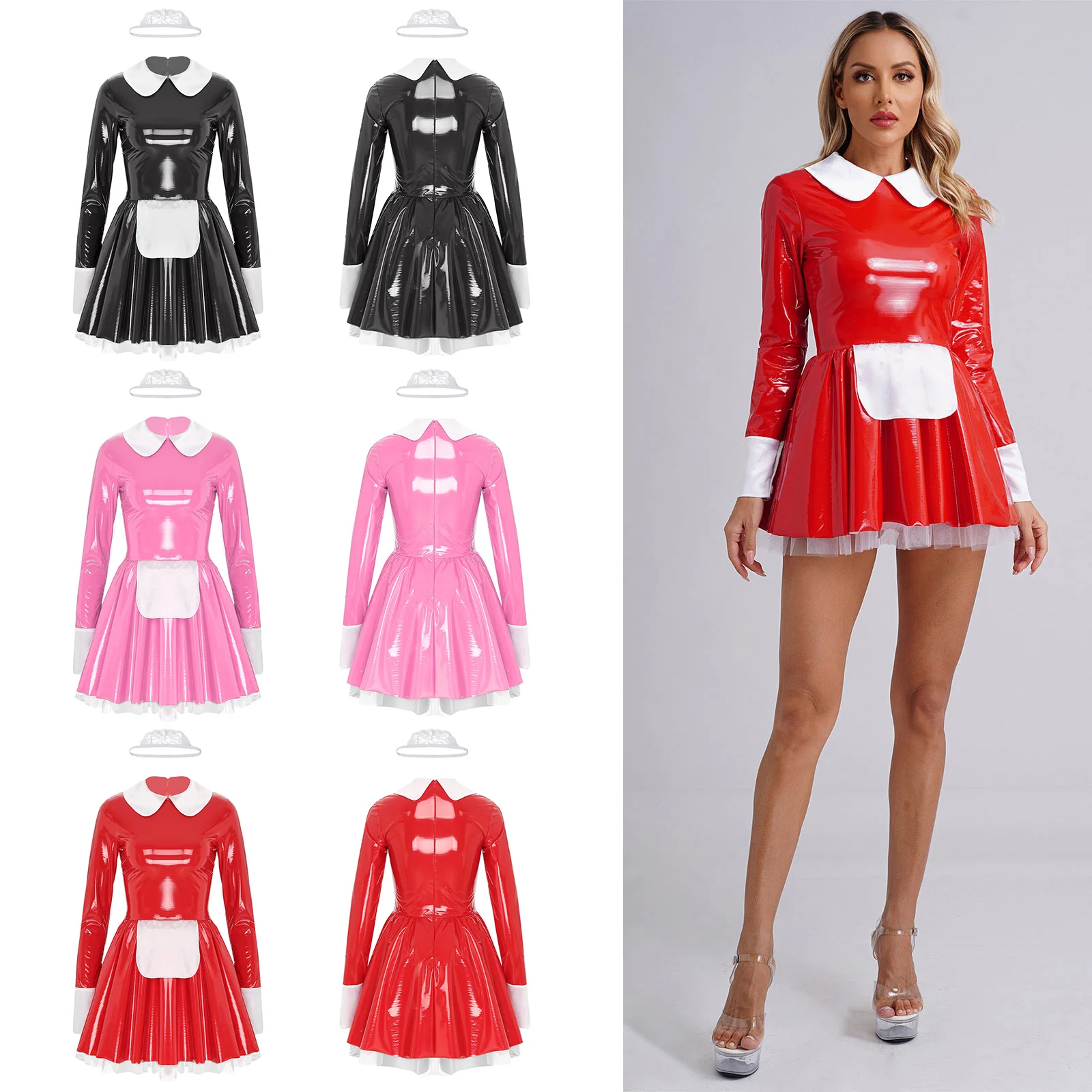 Halloween Maid Uniform Dress Womens Patent Leather Long Sleeve Apron Tulle Underskirt Dress+Floral Lace Headband Cosplay Costume