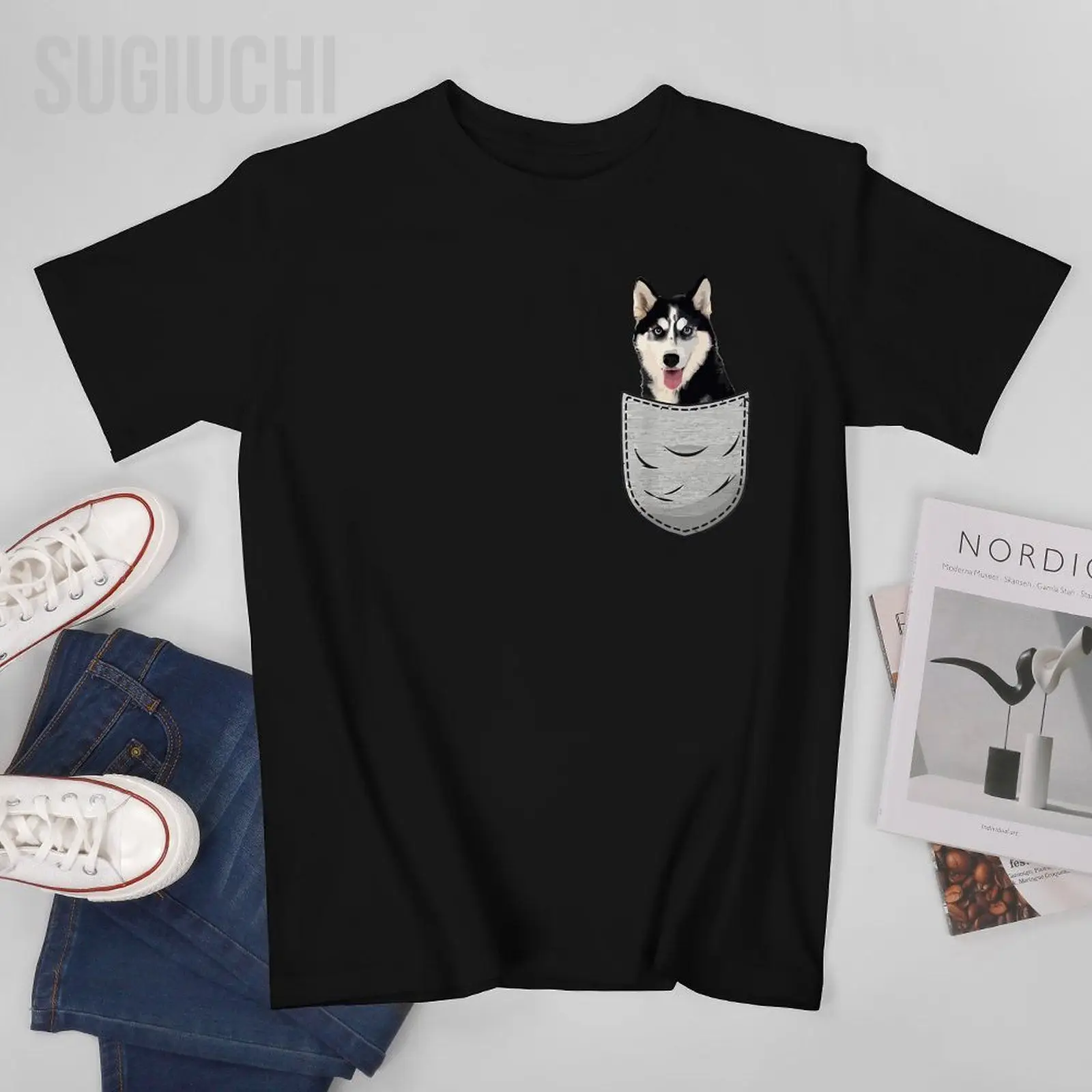 Unisex Men Cute Siberian Husky Sibe Chukcha for Dog Lovers Pocket Owner Tshirt Tees T Shirts Women Boys 100% Cotton T-Shirt