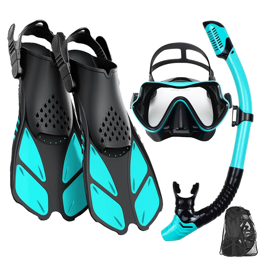 Mask Fin Snorkel Set Travel Size Snorkeling Gear with Panoramic View Mask Trek Fins Dry Top Snorkel Kit Diving Packages