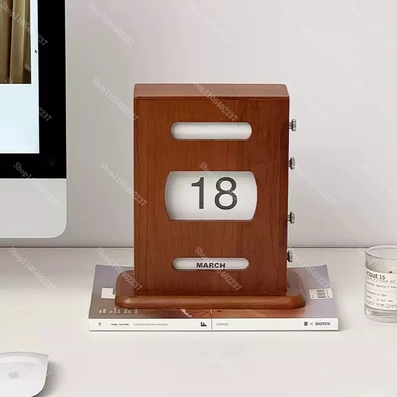 

Vintage Cherry Wood Perpetual Calendar Manual Flip Desk Decor for Home Office Gift