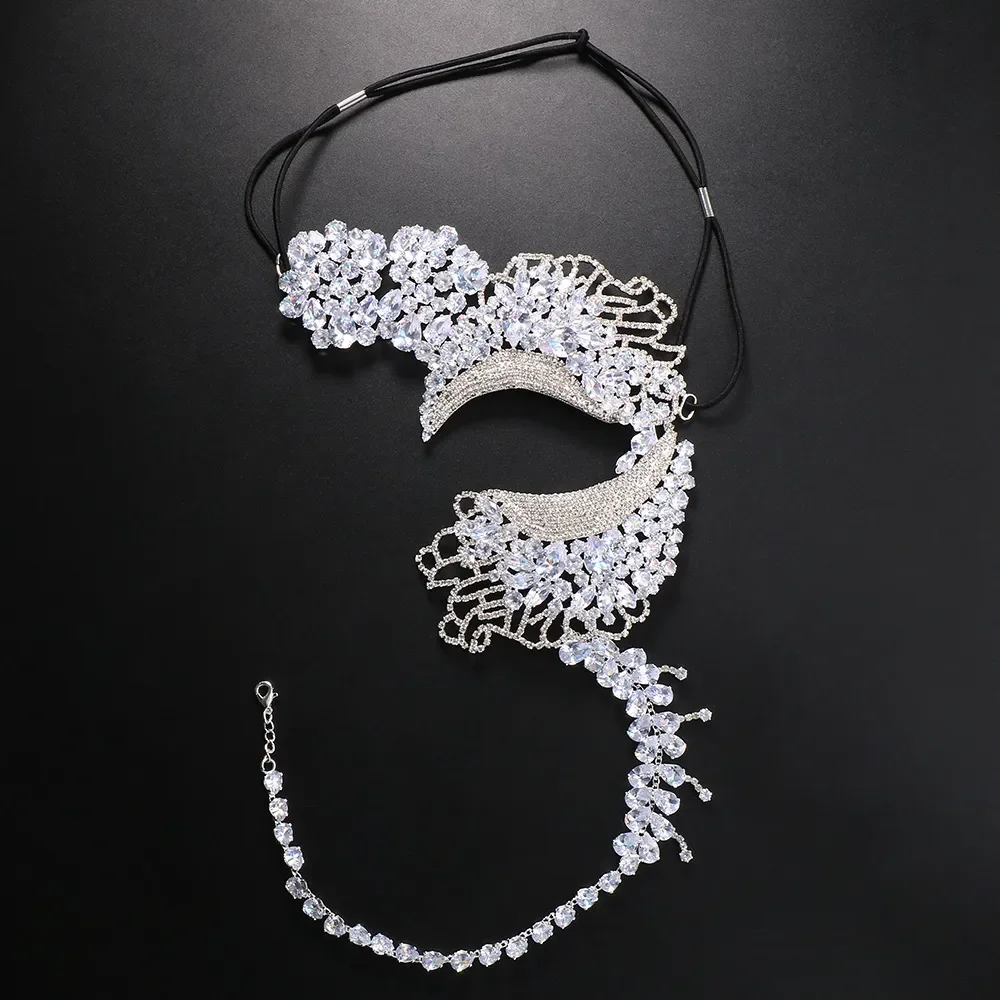 Exquisite Cubic Zirconia Mask Face Jewelry for Women Fashion 2024 Masquerade Elastic Rope Face Chain Halloween Accessories Party