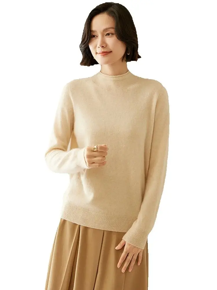 

100% кашемировый трикотаж, женский пуловер с закатанным воротником, осенне-зимний однотонный свитер, базовая одежда с длинными рукавами, топы Grace