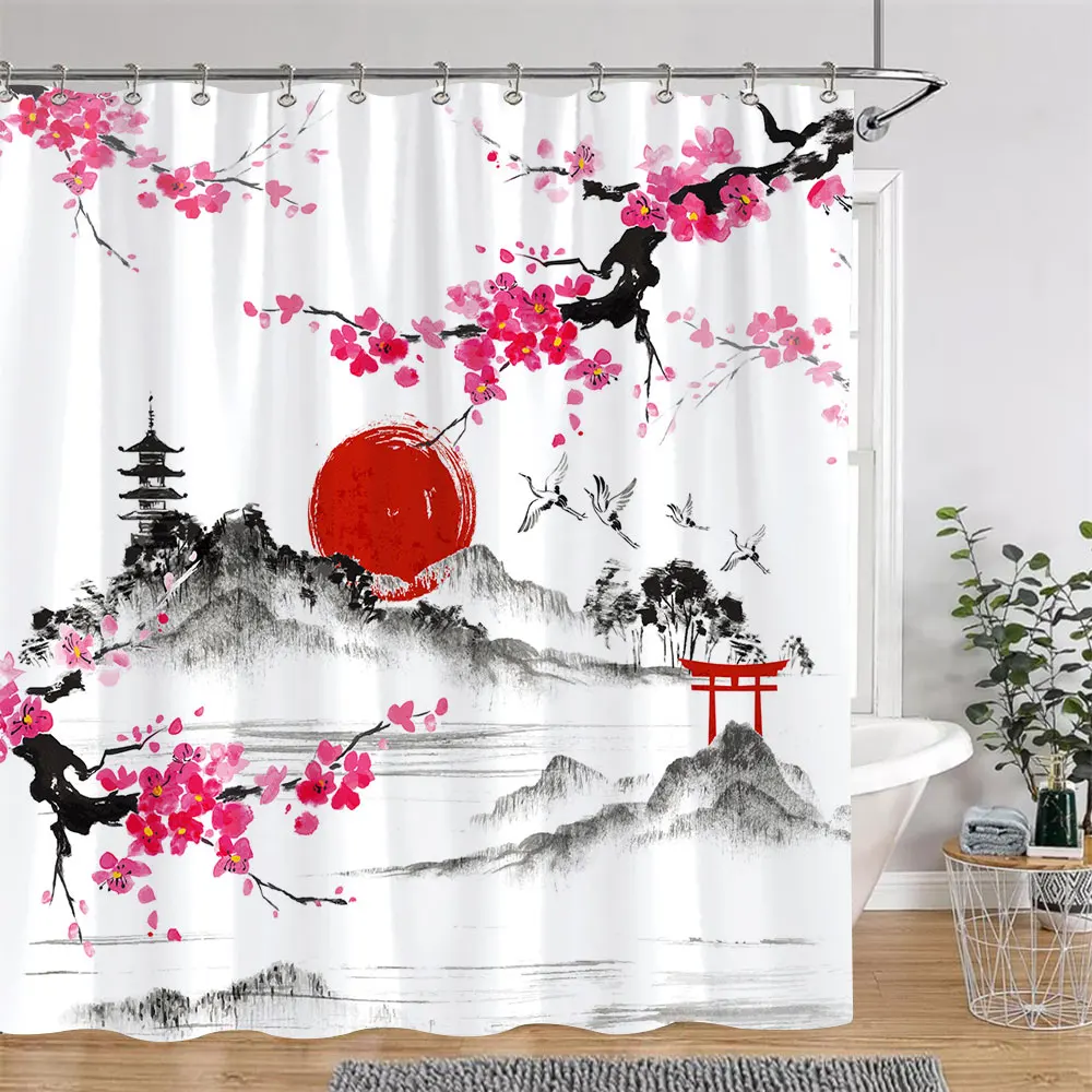 Chinese Japanese Cherry Blossom Ink Painting Shower Curtain Landscape Waves Art Creative Polyester Bath Curtains Bathroom Decor