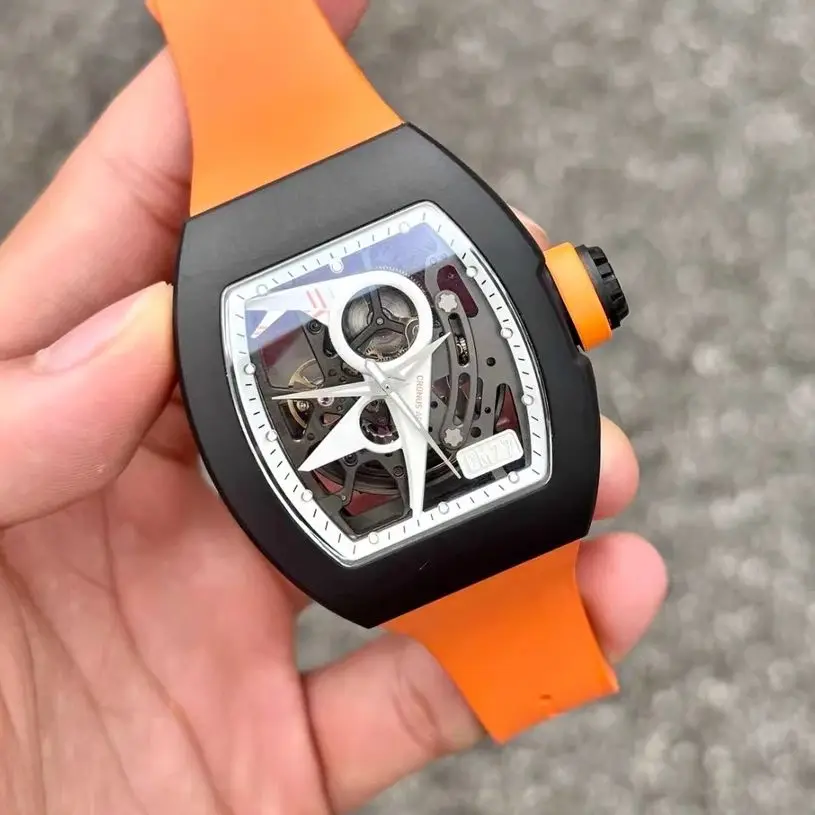 

CRONUSART Men Automatic Watch 50mm Tonneau Mechanical Wristwatch Luminous Sapphire Fluororubber Strap Skeleton Aviator Dial