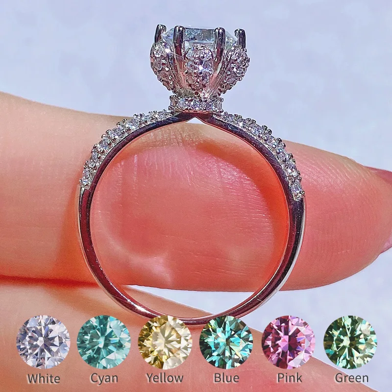 

Color D VVS1 Moissanite Ring Flower Design 1 Carat Blue Green Yellow Pink Red Diamond 925 Silver Platinum Plated For Women