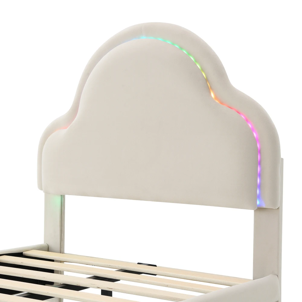 PINGGO Beige Samt Einzelbett 90x200cm Wolkenförmiges Kopfteil Farbwechsel-LED-Streifen Holzlatten Kinderbett Ohne Matratze – Detail 17