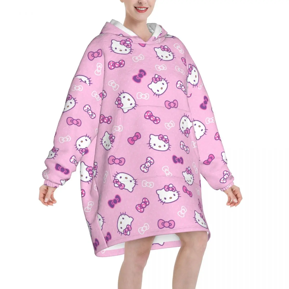 Sanrio Hello Kitty Camisola extragrande com bolso para mulheres, Hoodie Wearable, pijama branco