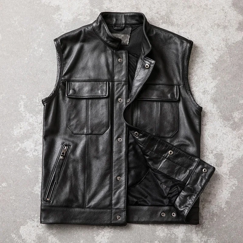 Motorcycle Biker Vest Men Genuine Cow Leather Sleeveless Jackets 100% REAL Cowhide Stand Collar Waistcoat Outwear