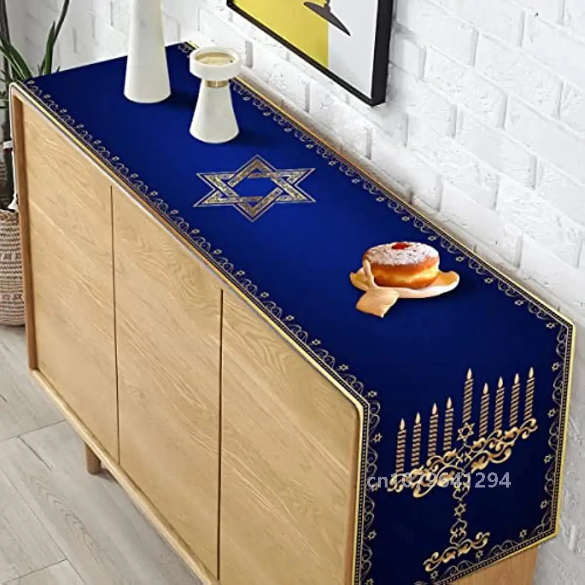 Hanukkah Menorah Linen Table Runner Star of David Chanukah Jewish Festival Holiday Fireplace Kitchen Dining Room Home Decoration