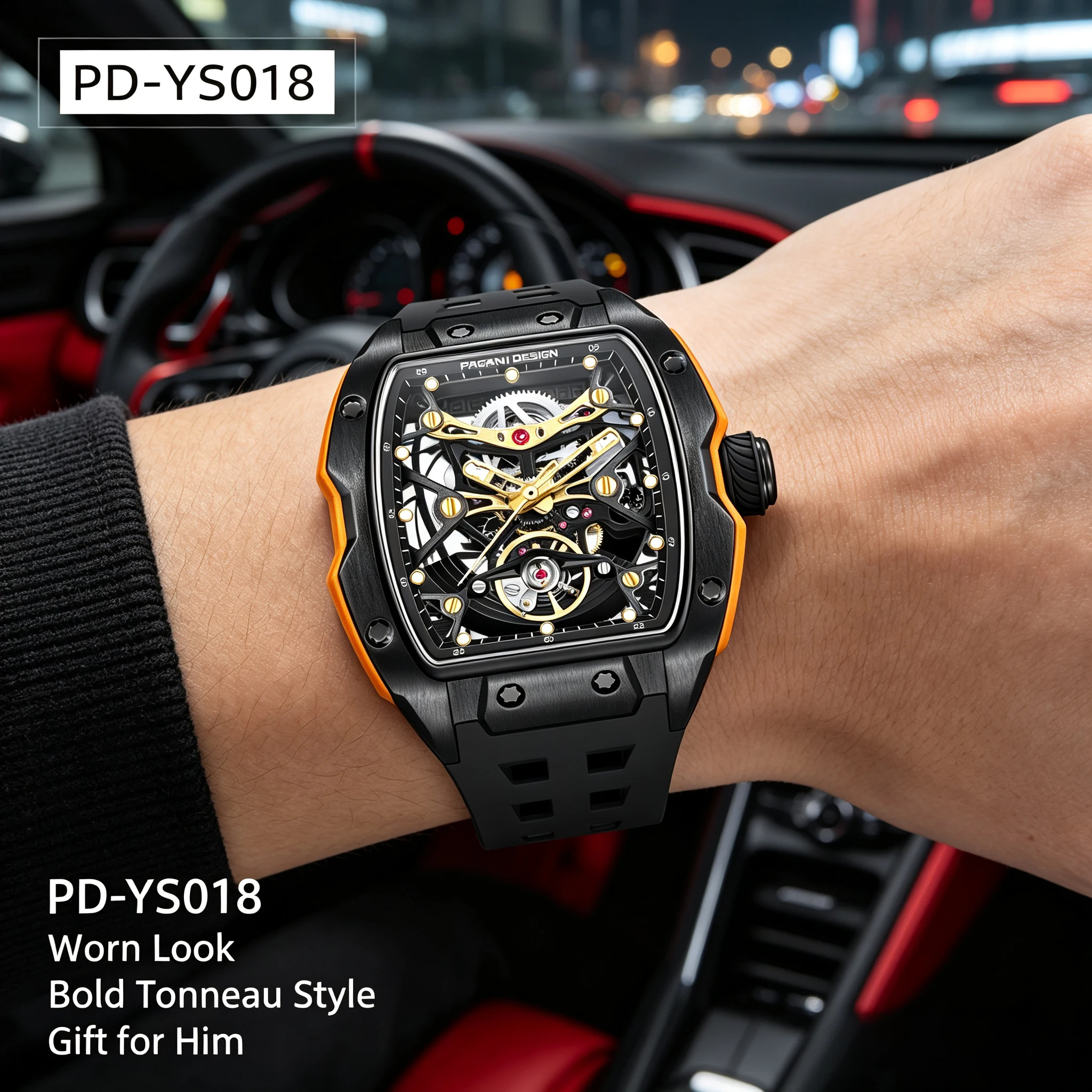 PAGANI DESIGN Men Tonneau Hollow Automatic Mechanical Watch 316L Stainless Case Super Luminous Fluorine Rubber Racing Watch