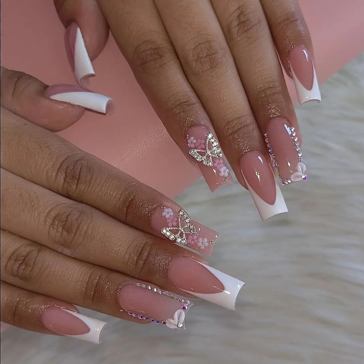 24 stuks glitter herfst nepnagels druk op nagels zoet gradiënt blauw lang vierkant volledige dekking vlinderbloem ontwerp Franse nageltips