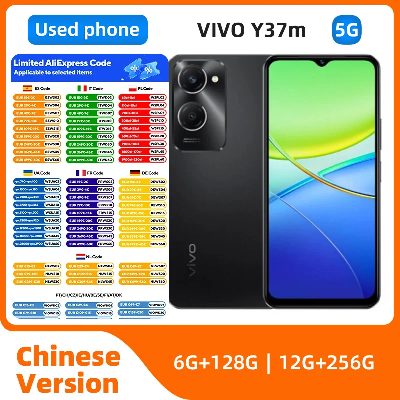 VIVO Y37m 5g 6,56 polegadas 1612x720px 13MP Câmera Android CPU MediaTek Dimensity 6300 5000mAh telefone usado
