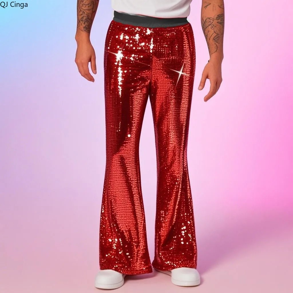 

‌Shiny Red Sequin Flared Pants for Nightclub & Stage Performances‌, Casual Trousers Available in Gold, Silver, and Blue.