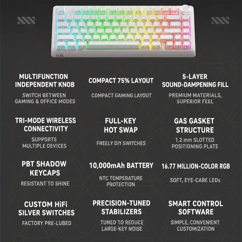 MACHENIKE KG75 Wireless 75% Mechanical Keyboard 10000mAh Triple Mode BT 2.4G USB-C Hot Swap Gasket RGB Gaming Knob PBT Keycaps