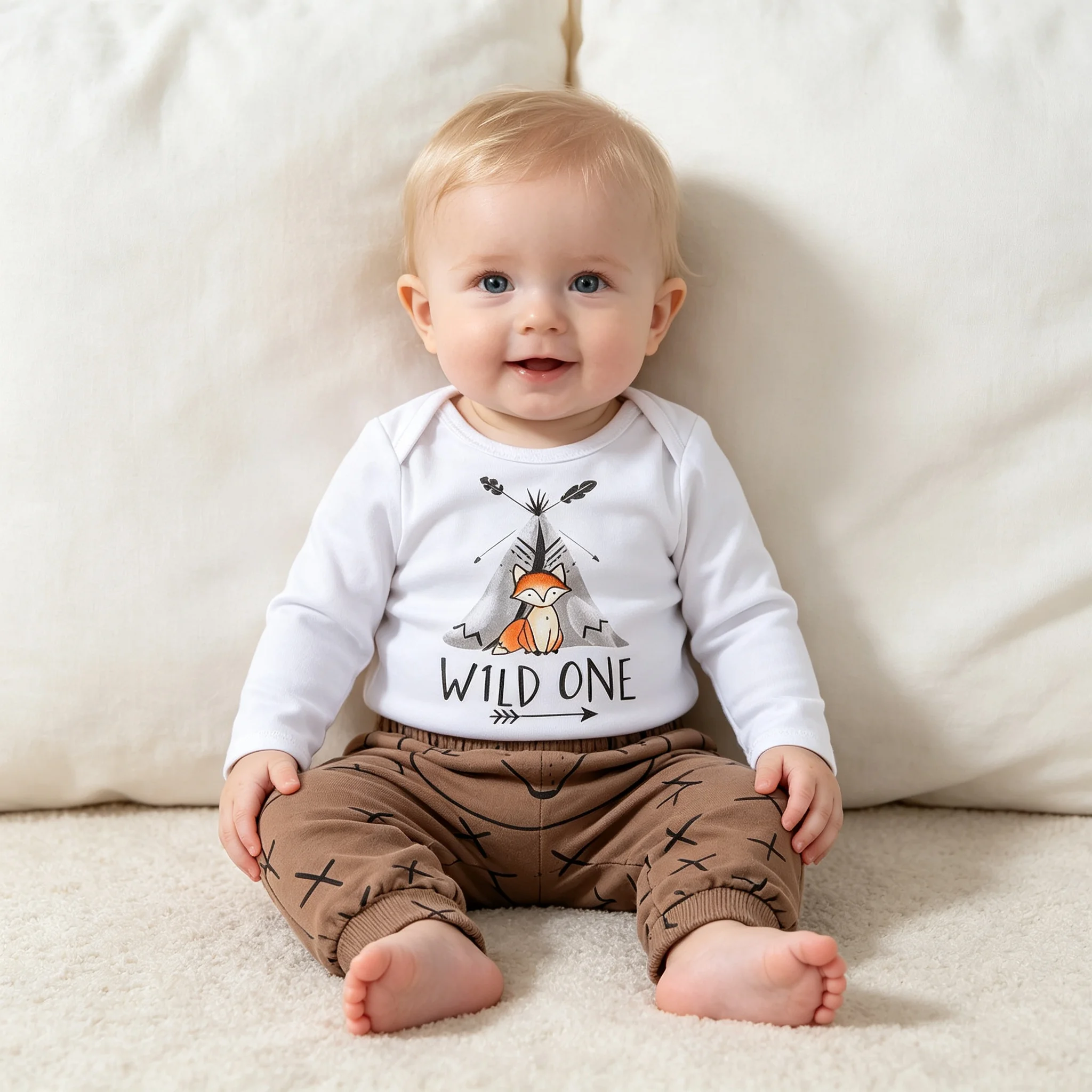 Autumn Infant Baby Boys Girls Two-piece Clothes Set White Fox and Letters Printed Romper + Long Pants Set 0-18 Months