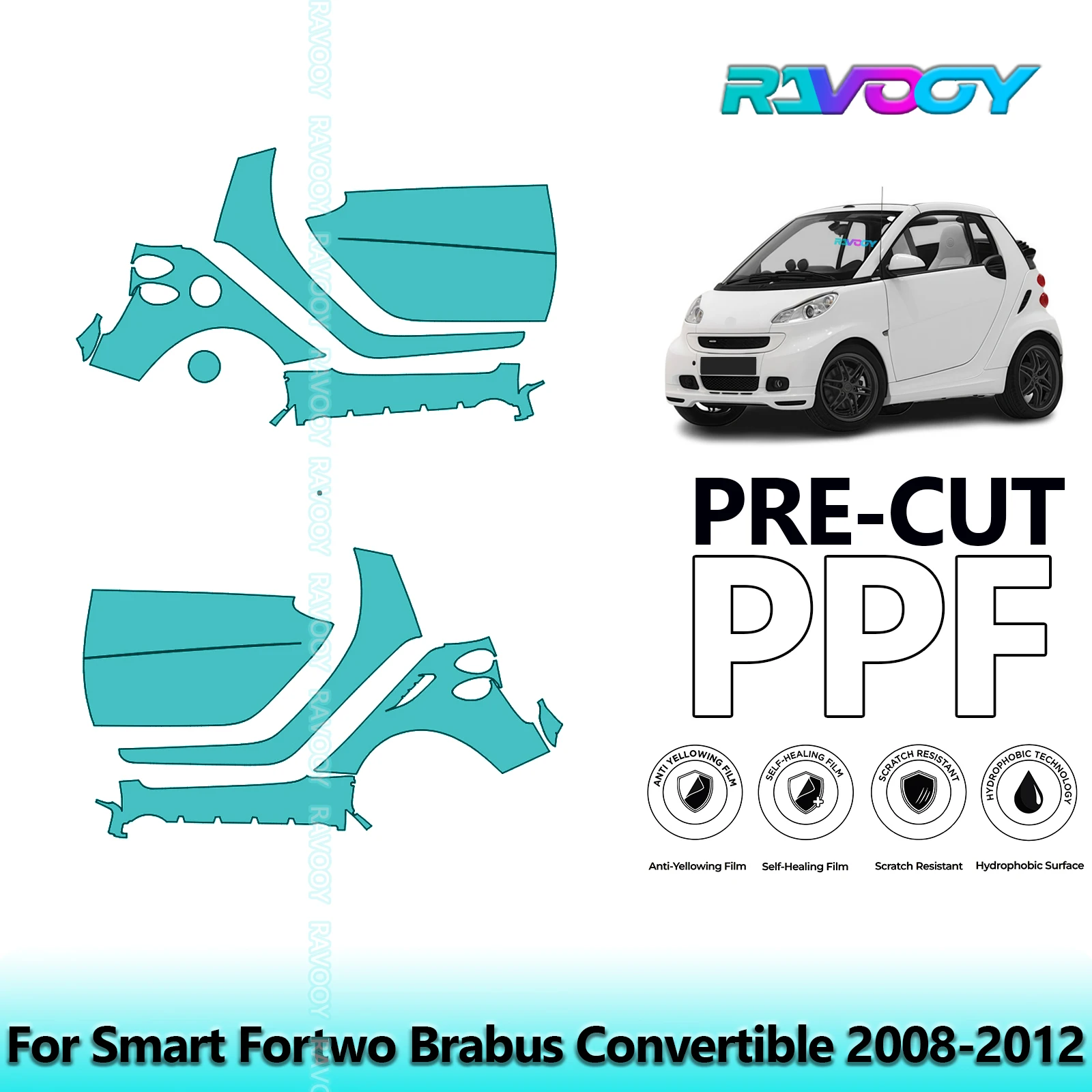 

For Smart Fortwo Brabus Convertible 2008-2012 8.5mil Clear Matte Pre-Cut PPF Door & A/B Pillar Kit TPU Paint Protection Film Set
