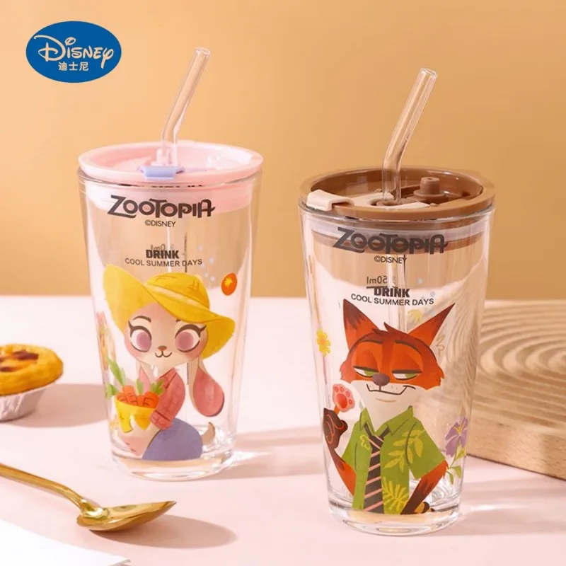 Disney Zootopia Judy Hopps Nick Wide Cute Girly Heart Dustproof Glass Straw Cup with Lid Large Capacity Summer Juice Cup Couple