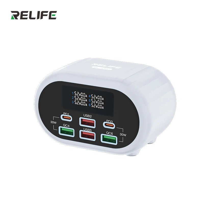 RELIFE RL-309U 6-Port USB smart charger High Power Dual PD/Dual QC Rapid Charger is suitable for mobile phone tablet computers.