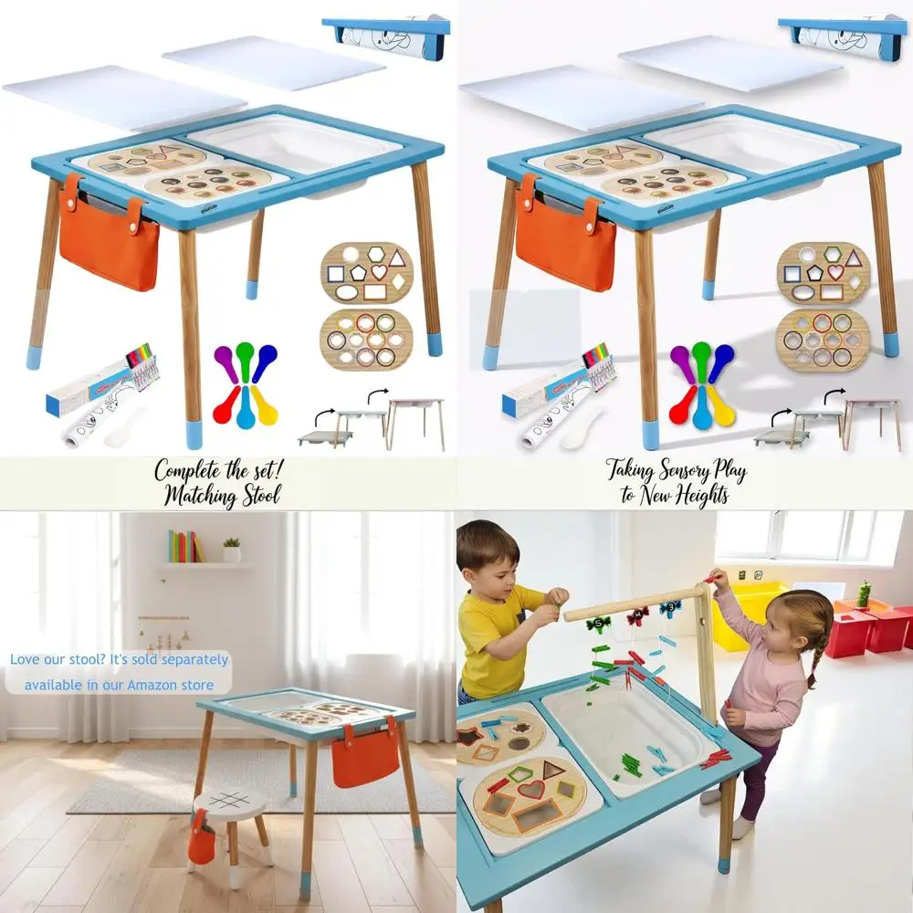 

Montessori Toddler Sensory Table with 3 Bins, Acrylic Lids, Transparent Lid, Paper Roll, Wooden Inserts, Storage, Adjustable Hei
