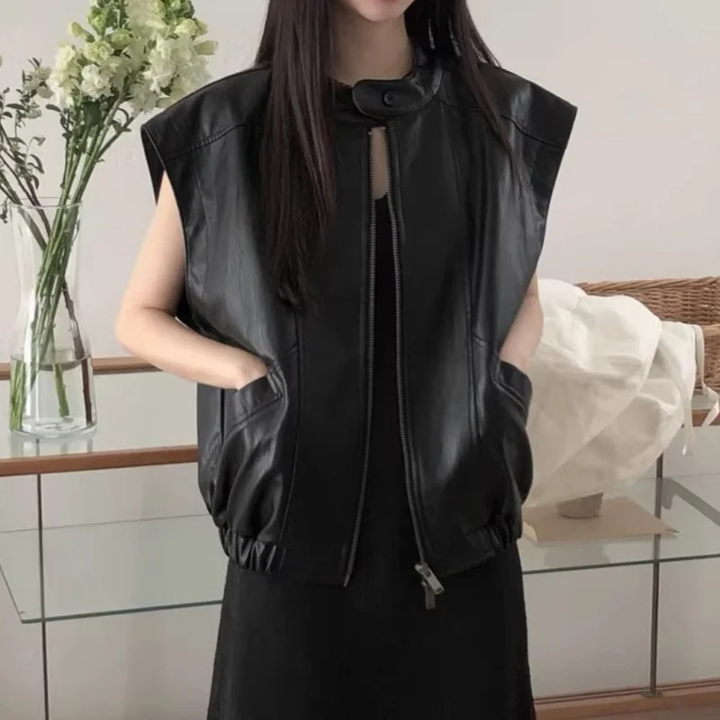 Chaleco de Mujer Estilo Vintage Chic con Cuello Alto y Cremallera, Holgado, sin Mangas, con Bolsillos, de Cuero PU, para Otoño