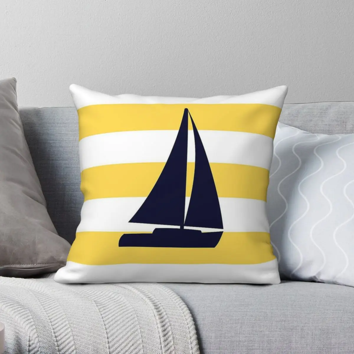 

Nautical Navy Sailboat Yellow Stripes Square Pillowcase Polyester Linen Velvet Pattern Decorative Throw Pillow Case Room Case